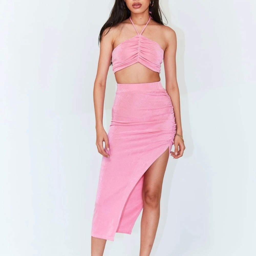 Princess Polly Pink Ruched Halter Crop Top & Asymmetrical Skirt Set